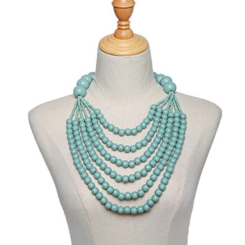 COLORFUL BLING Boho African Wooden Beaded Bib Statement Choker Necklace Long Multi Strand Chunky Layered Collar Tassel Necklace for Women Handmade Jewelry - color: blue