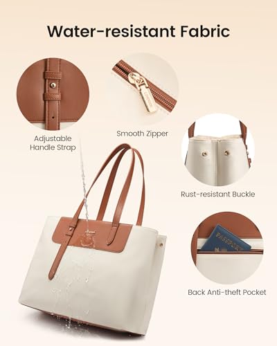 LOVEVOOK Laptop Tote Bag for Women, Water-Resistant Work Tote Bag Large Capacity Computer Bag for Travel, Nylon & PU - color: Brown, size: 15.6Inch