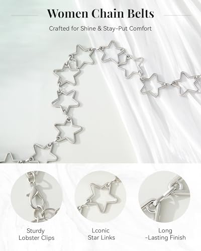 AWAYTR Cute Chain Belts for Women - Metal Waist Chain Belt for Dresses Jeans Country Concert Outfit - color: Silver-star