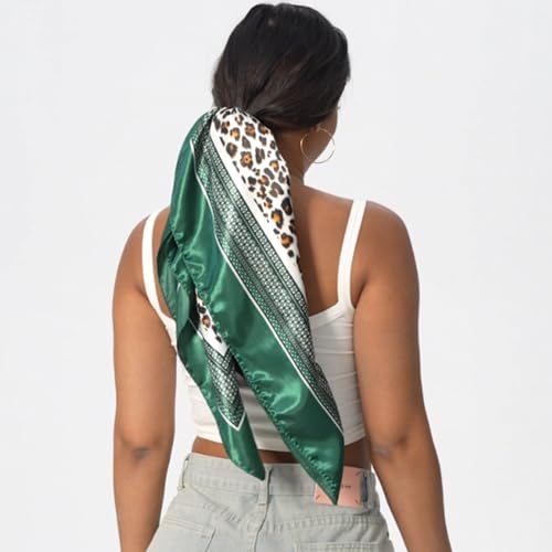 Leopard Print Head Scarf for Women Like Silk Satin Scarf for Hair Wrapping at Night Bandana Square Scarf 35 Inches - color: Green