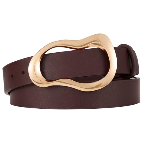 XZQTIVE Leather Belts for Women Casual Fashion Waist Belt for Jeans Pants Dresses with Unique Liquid Shapes Gold Buckle - color: Coffee, size: Fit Waist 40-47in