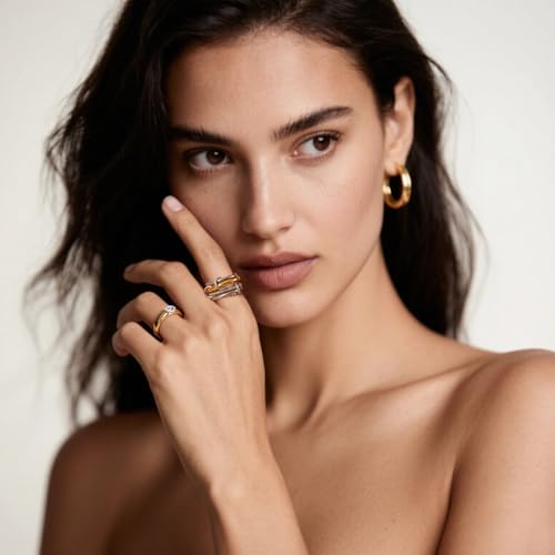 18K Gold Interlocked Stackable Rings for Women, Gold Silver Ring Stack Set, Mixed Metal Stacked, Two Tone Connected, Interlocking Statement Finger Rings Jewelry - color: 1Gold+1CZ Gold+2Silver, size: 11