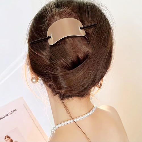 Leather Hair Barrette with Stick, 2 Pack Cream and Brown Faux Leather Ponytail Holder, 3.9 x 2 In Hair Clip with Stick for Buns Updos and Long Hair, Leather Hair Accessories for Women