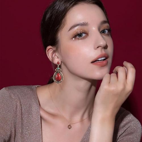 Handmade Teardrop Turquoise Earrings Necklace Set for Women Bohemia Tribal Antique Ethnic Style Earring Delicate Teardrop Gemstone Dangle Drop Statement Earrings Western Jewelry - color: Red Turquoise Choker Necklace