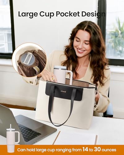 LOVEVOOK Laptop Tote Bag for Women, Water-Resistant Work Tote Bag Large Capacity Computer Bag for Travel, Nylon & PU - color: Beige, size: 15.6Inch