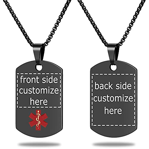 Medical Alert Necklace Free Custom Engraving Personalized Gift Black Polished Stainless Steel ID Tag Pendant for Men Women - color: Black, size: Free Customize