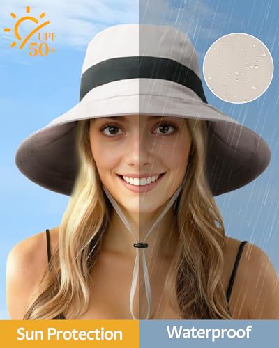 Senker Fashion Sun Hats for Women UV Protection, Waterproof Ponytail Wide Brim Bucket Hat for Summer Beach Gardening Travel - color: Beige