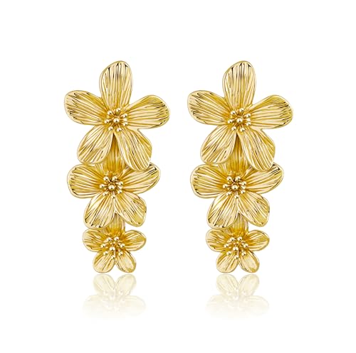 Gold Statement Earrings For Women 18K Gold Plated Sectored Flower Leaf Shell Angel Wing Earring Large Stud Earrings Hypoallergenic Stud - color: Long flower earrings