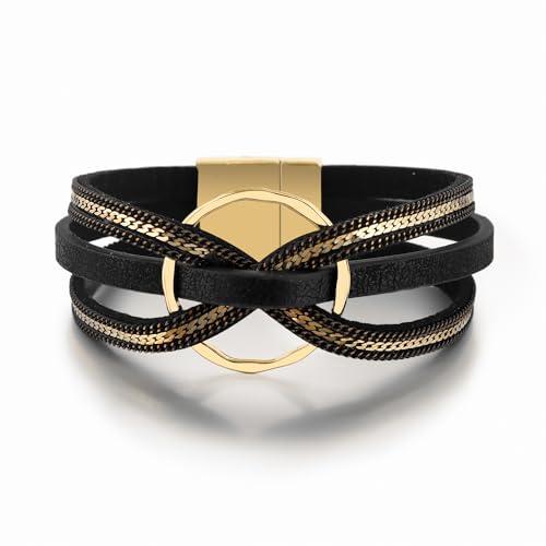 Edoneery Leather Wrap Bracelet for Women, Boho Handmade Multi-Layer Cuff with Crystal Beads Heart, Stackable Bangle Western Jewelry Gift - style: Circle(Black)