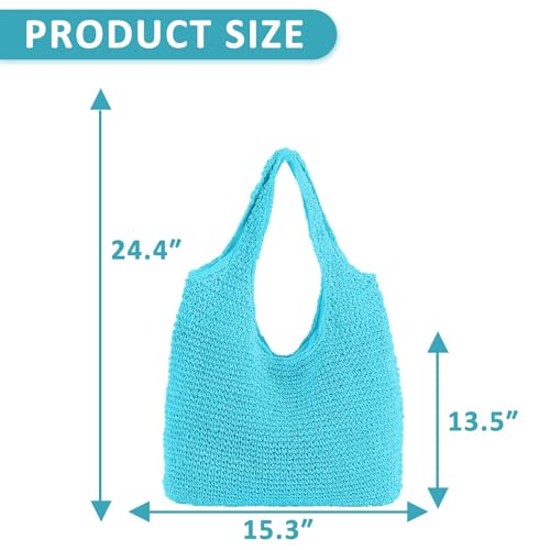 Hand-woven Soft Large Straw Shoulder Bag Boho Straw Handle Tote Retro Summer Beach Bag Rattan Handbag - color: Blue