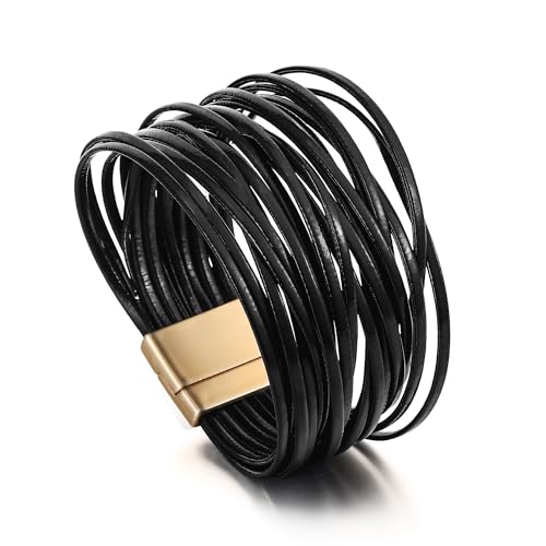 Edoneery Leather Wrap Bracelet for Women, Boho Handmade Multi-Layer Cuff with Crystal Beads Heart, Stackable Bangle Western Jewelry Gift - style: String Leather(Black)