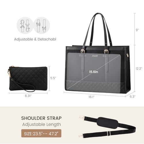 LOVEVOOK Laptop Bag for Women 15.6 inch Canvas Laptop Tote Bag, Large Capacity Work Bag with Clutch Purse, Computer Bag Office Business Briefcase, Casual Handbag for Travel College Teacher School - color: A-black, size: 15.6 inch