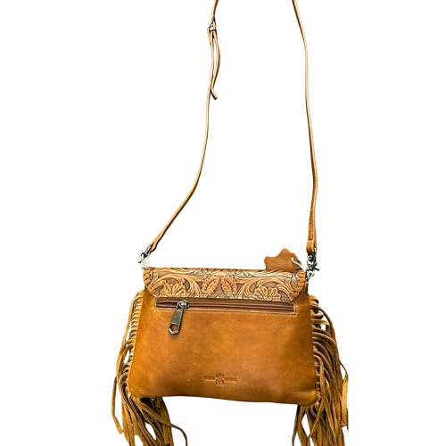 Genuine Cowhide Crossbody Purse - Tooled Leather Fringe Bag for Women - Western Shoulder Handbag Rodeo Style - color: Brown