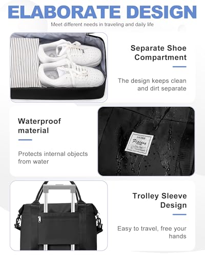 Travel Duffel Bag, 18x14x8 Inches Travel Bag Spirit with Shoes Compartment, Weekender Overnight Bag for Women with Trolley Sleeve, Carry On Bag for Airplanes Sport Tote Gym Bag Black - color: H-Black, size: Large