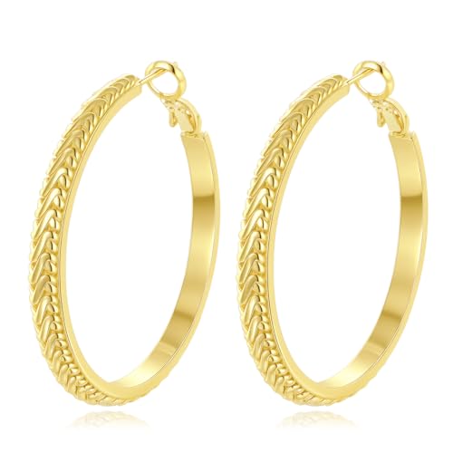 14K Gold Texture Earrings, 37/42mm Gold Hoop Earrings Classic Round Hoop Earring for Women Gold Jewelry Gift for Women - style: Texture Earrings-42mm
