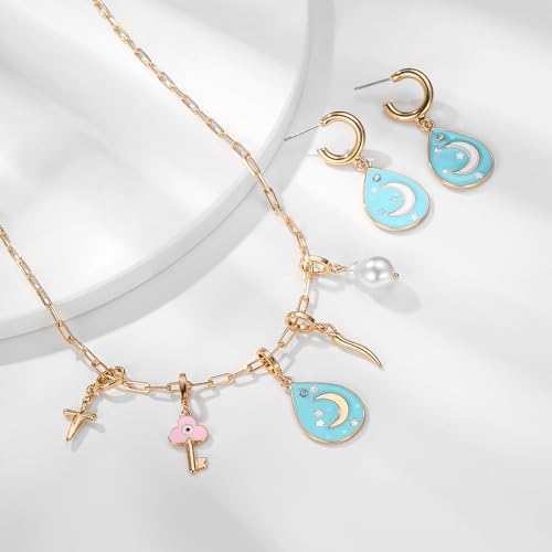 ORIGENCE Sun Heart Necklace for Women 18K Gold Plated Heart Pendant Necklace Chunky Chain Choker Necklaces Hip Hop Charm Necklaces Trendy Unisex Jewelry - style: BCharm-Set