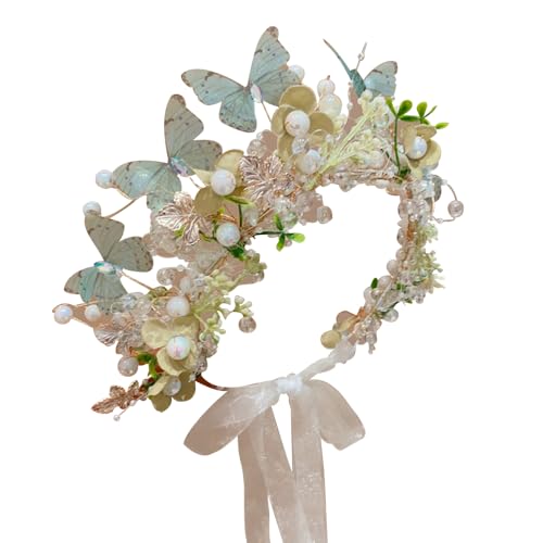 Boho Floral Crown for Women– Adjustable Faux Silk Flower Headband, Handmade Wedding Hair Accessory for Festivals & Photoshoots, Flower Hair Crown for Women (Blue Butterfly, Adjustable) - color: Blue Butterfly