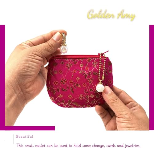 Handmade Women Coin Purse Rosary Pouch Silk Jewelry Bag Brocade Zipper Wallet - Magenta - color: Magenta