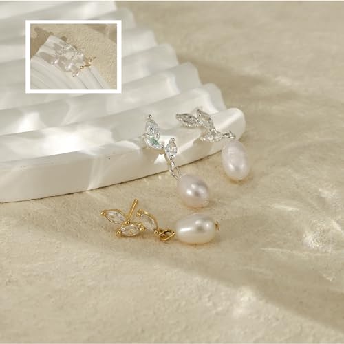 Hayopi Pearl Earrings for Women - Dainty Gold Dangle Drop Earrings, 14k Gold Plated Cute Bow Design, Hypoallergenic Pearl Studs, Wedding Jewelry Gifts - color: SILVER-silver CZ