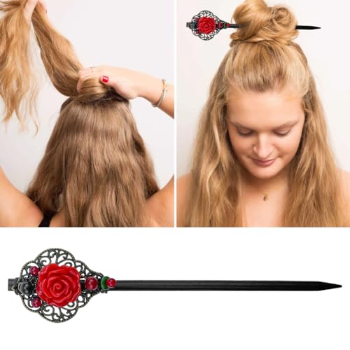 4 Pack Chinese Wooden Hair Stick for Buns Retro Hair Chopsticks Red Flower Beads Styling Vintage Tassel Hair Stick Hair Accessories for Women and Girls Thin Hair (Red) - color: Red