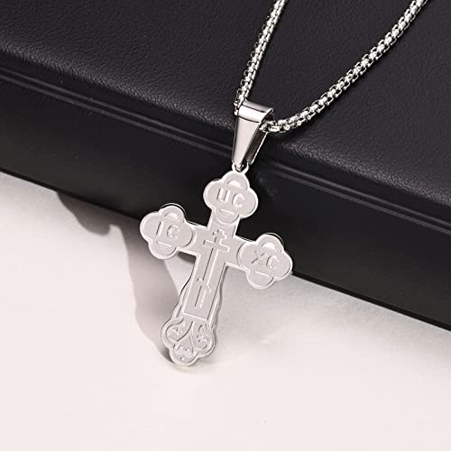 Men's Orthodox Cross Pendant Necklace - Trendy Religious Cross Chain,Hypoallergenic Waterproof Stainless Steel Christian Long Necklaces,Non Tarnish Byzantine Cross Symbol Pendants Necklace for Him - color: Silver-new