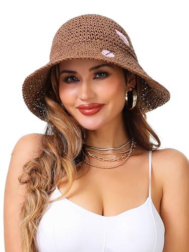 LA CARRIE Womens Sun Hat Floppy Packable Wide Brim UV Protection UPF 50+ Straw Hat with Embroidery for Summer Beach - color: Coffee