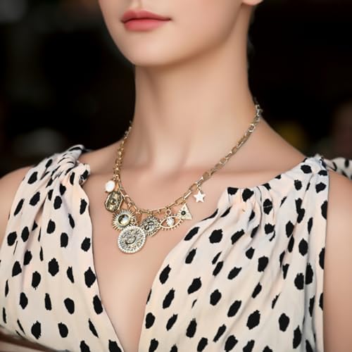 ORIGENCE Sun Heart Necklace for Women 18K Gold Plated Heart Pendant Necklace Chunky Chain Choker Necklaces Hip Hop Charm Necklaces Trendy Unisex Jewelry - style: 8Charm-Gold