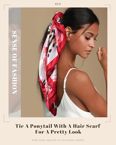 AWAYTR 35” Satin Head Scarf for Women Like Silk Scarf Hair Bandanas Women Large Square Neck Scarf Headscarf Head Wrap - color: Red