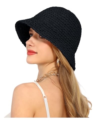 Rulala Fancy Womens Sun Hat Handmade Straw Bucket UV Protection Wide Brim Packable Travel Summer Cap for Beach UPF 50+ - color: Black