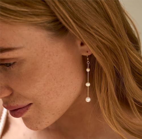 Hayopi Pearl Earrings for Women - Dainty Gold Dangle Drop Earrings, 14k Gold Plated Cute Bow Design, Hypoallergenic Pearl Studs, Wedding Jewelry Gifts - color: GOLD-3 dangle pearl earrings