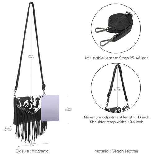 HDE Women's PU Leather Hobo Fringe Crossbody Tassel Purse Vintage Small Flap Envelope Handbag Western Sling Shoulder Bag - color: Black Cow Print