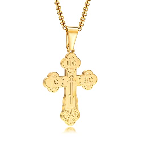 Men's Orthodox Cross Pendant Necklace - Trendy Religious Cross Chain,Hypoallergenic Waterproof Stainless Steel Christian Long Necklaces,Non Tarnish Byzantine Cross Symbol Pendants Necklace for Him - color: Gold-new