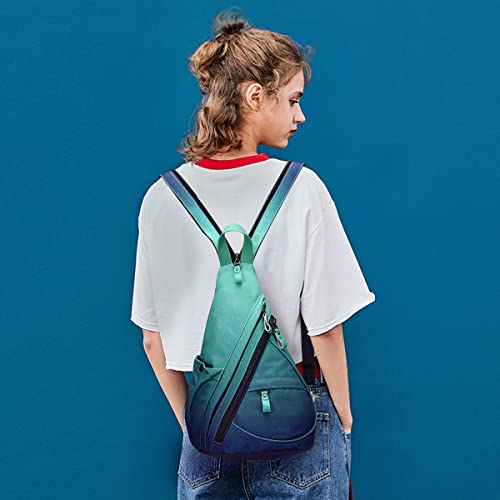 KL928 Canvas Sling Bag - Small Crossbody Backpack Shoulder Casual Daypack Rucksack for Men Women(Large Version,Blue+GrayishGreen) - color: Canvas-blue+grayishgreen