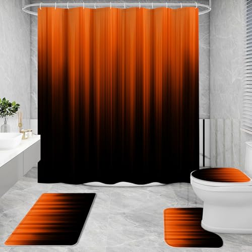 Litabel 4 Pcs Orange and Black Gradient Shower Curtain Set with Rugs and Toilet Lid Cover, Modern Simple Waterproof Fabric Bathroom Set, Ombre Stripe Gothic Abstract Bathroom Decor Set Accessories - color: Orange