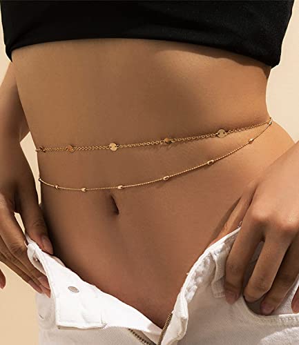 Honsny 2PCS 25-43Inch 18K Gold Plated Waist Chain Minimalist Pearl Belly Body Chain Gold Layered Sexy Bikini Body Chains Waist Jewelry for Women - color: D:Sequin & Beads, size: M(31-37INCH)