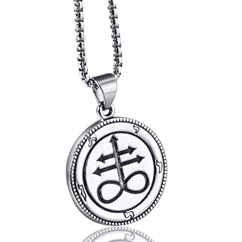 Men Stainless Steel Pendant Necklace Baphomet Goat Satanic Satan Leviathan Cross Demon Devil Lucifer Sulfur Both Sided Pendants Chain - color: Silver Black-A