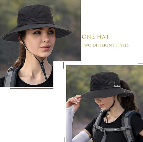 Womens Summer Sun Hat Beach Hat Wide Brim Outdoor UV Protection Hat Packable Mesh Bucket Hat with Ponytail Hole - color: Solid Black