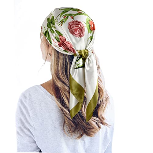 QBSM 35'' Satin Large Square Head Scarf Silk Feeling Neck Scarves Hair Sleeping Wrap Lightweight Headscarf for Women - color: Reseda Flower