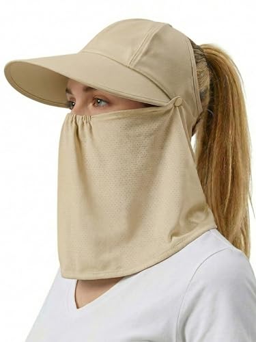 Outdoor Wide Brim Sun Hat Visor for Women, Detachable Face & Neck Cover, Hiking Gardening UPF 50+, Ponytail Friendly - color: Light Khaki