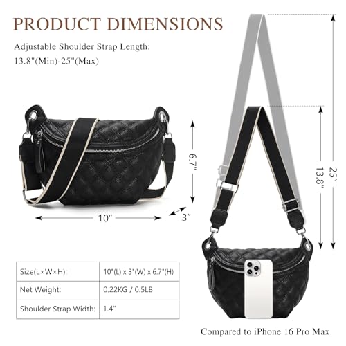 Women's Quilted Crossbody Waist Pack, PU Leather Fanny Pack Sling Bag with Adjustable Belt, Small Shoulder Purse for Travel, Daily Use (B-Black) - color: D-Black