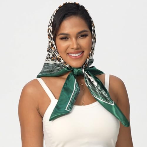 Leopard Print Head Scarf for Women Like Silk Satin Scarf for Hair Wrapping at Night Bandana Square Scarf 35 Inches - color: Green