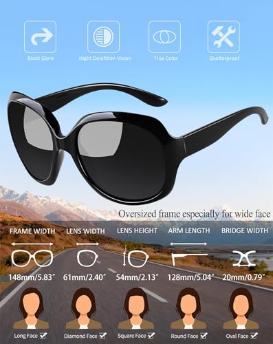 Joopin Oversized Sunglasses Womens Trendy Polarized Large Driving Sun Glasses Ladies UV Protective Big Sunnies Shades - color: B01-black/Black