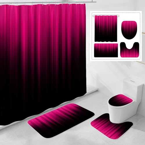 Litabel 4 Pcs Hot Pink and Black Gradient Shower Curtain Set with Rugs and Toilet Lid Cover, Modern Simple Waterproof Fabric Bathroom Set, Ombre Stripe Gothic Abstract Bathroom Decor Set Accessories - color: Hotpink