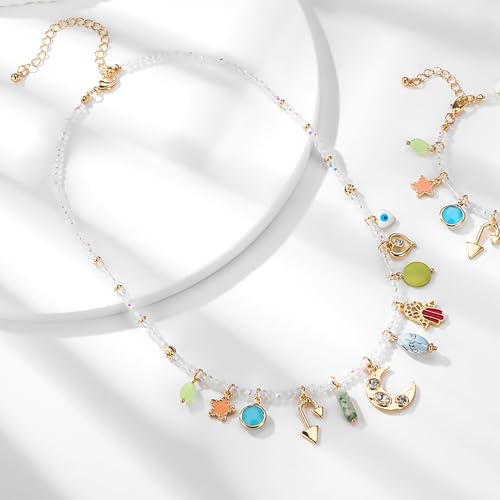 ORIGENCE Sun Heart Necklace for Women 18K Gold Plated Heart Pendant Necklace Chunky Chain Choker Necklaces Hip Hop Charm Necklaces Trendy Unisex Jewelry - style: 11Charm-Glass Bead