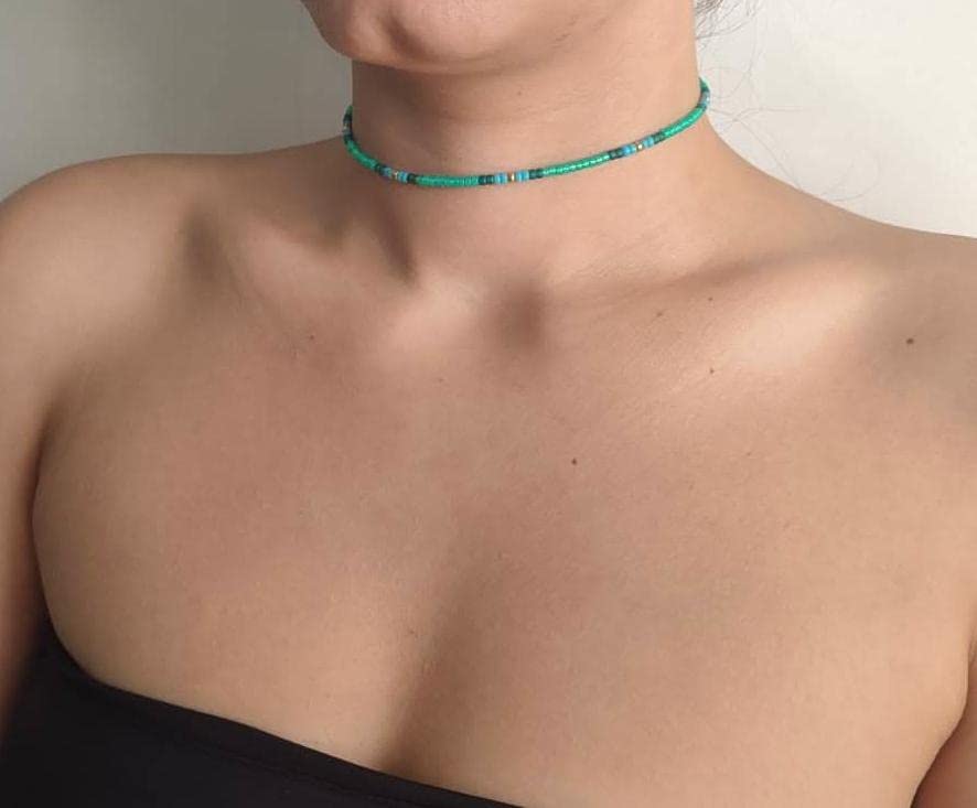 Beaded Choker Necklace for women and Teen Girls, Boho Bohemian Adjustable Colorful Seed Beads Necklace, Handmade Native American Style Jewelry by TRIBES - color: Turquoise-Green, style: Single Necklace