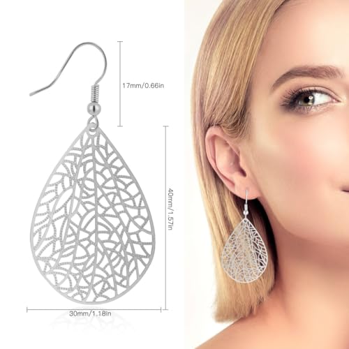 Teardrop Earrings for Women, 14K Plated Dangle Earrings Handmade Filigree Teardrop Dangling Earrings Ginkgo Hypoallergenic 925 Sterling Leaf Earrings for women - color: Silver
