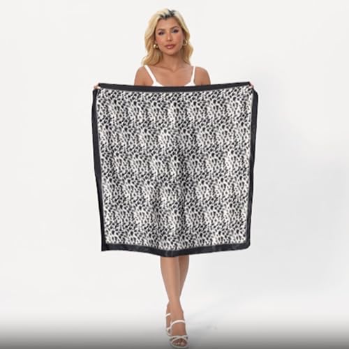 Leopard Print Head Scarf for Women Like Silk Satin Scarf for Hair Wrapping at Night Bandana Square Scarf 35 Inches - color: Blak White Leopard