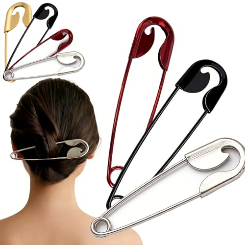 Mega Safety Hairpin - Mega Safety Pin Hairpin, Oversized Metal Hair Pin for Bun & Updo, Stylish Hair Stick Bun Holder - color: 3PCS-D