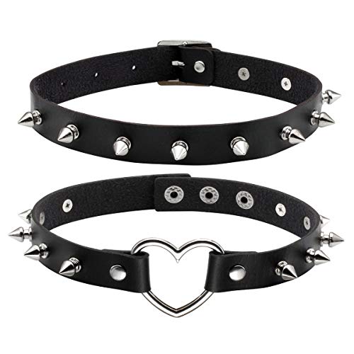 Eigso Vintage Punk Goth Studded Rivet Pu Leather Collar Choker Necklace with Spikes Adjustable - color: A-Black