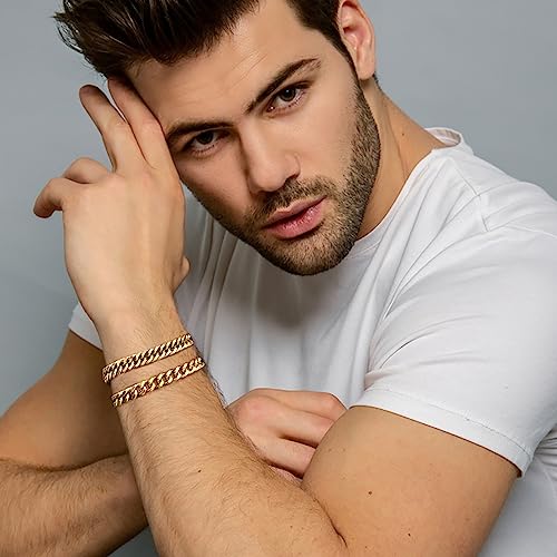 2Pcs Stainless Steel Bracelets for Men 14K Gold Plated Cuban Link Figaro Rope Silver Chain Bracelet Set Curb Width Sturdy Bracelet 7.5/8.3/9 Inches Jewelry Gifts for Dad Husband - color: A:Gold-Cuban Link, size: Display Length: 9.0 Inches